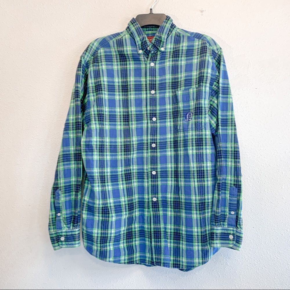 Roper Menโs Westernโ Green & Blue Plaid Button Up Shirt Size Large